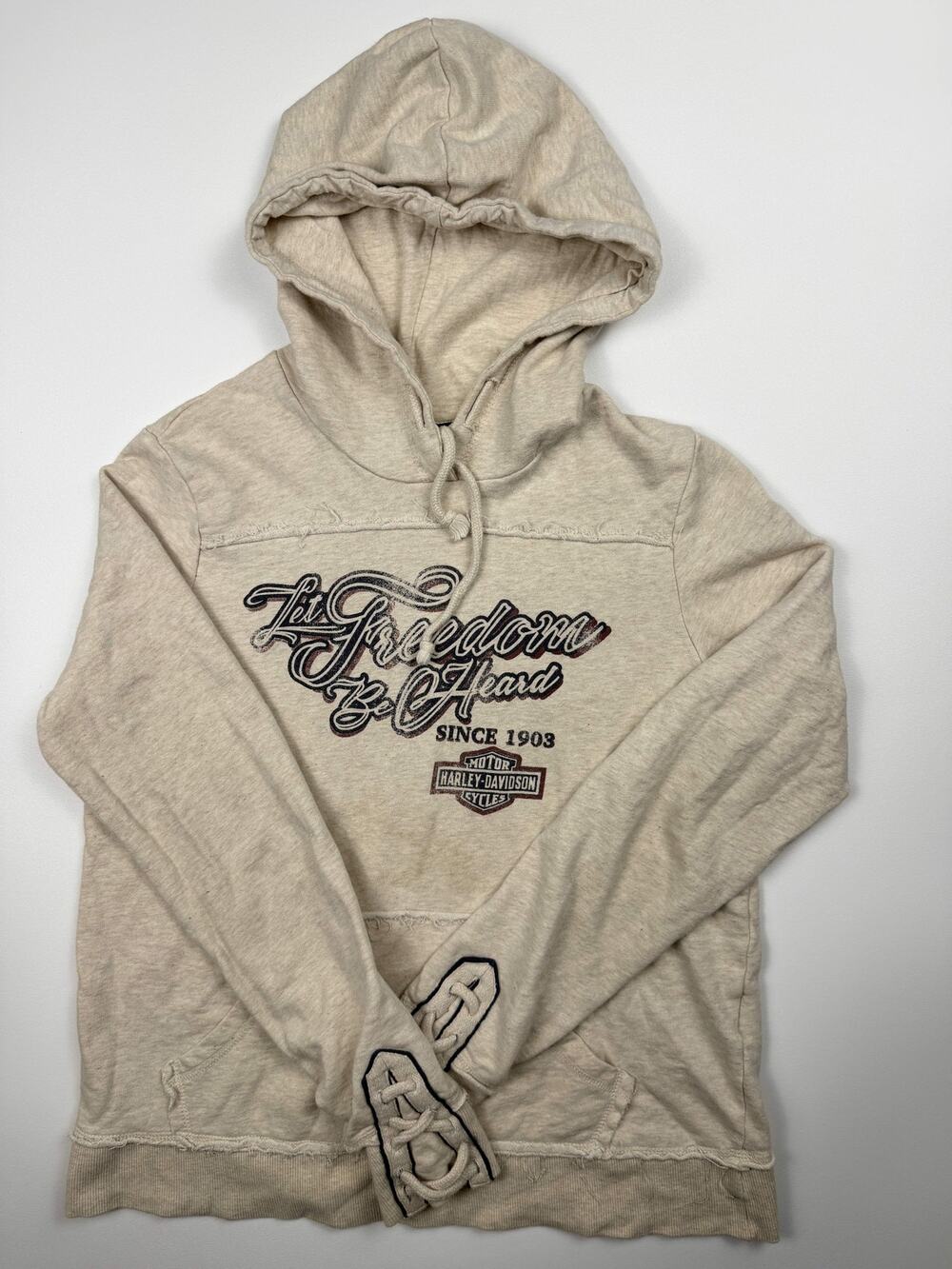 Harley-Davidson Women's Lace Up Sleeve Hoodie Medium Oatmeal Pullover